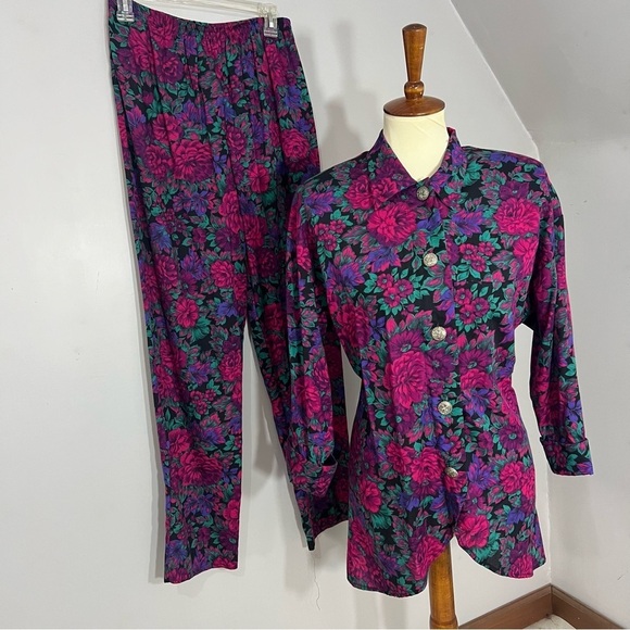 Vintage Pants - Vintage Justin Thyme Floral Co ord Set Colorful Pantsuit Spring Two Piece Set